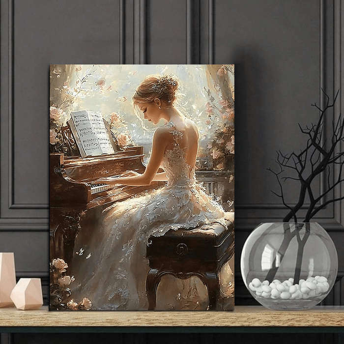1pc  Elegant Piano-Playing Woman Wall Art Wooden Framed Canvas Print for Wedding Anniversary