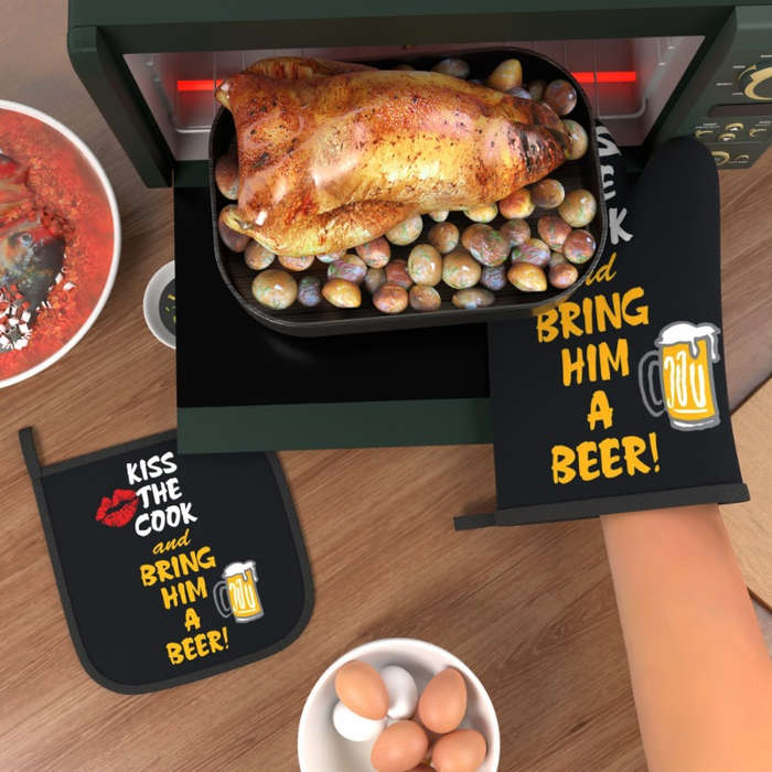 2pcs Heat-Resistant Oven Mitts Pot Holders Beer-Themed Kitchen Gloves with Fun Phrases Bla