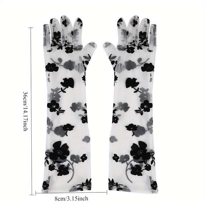 1 Pair Black Retro Rose Long Lace Gloves