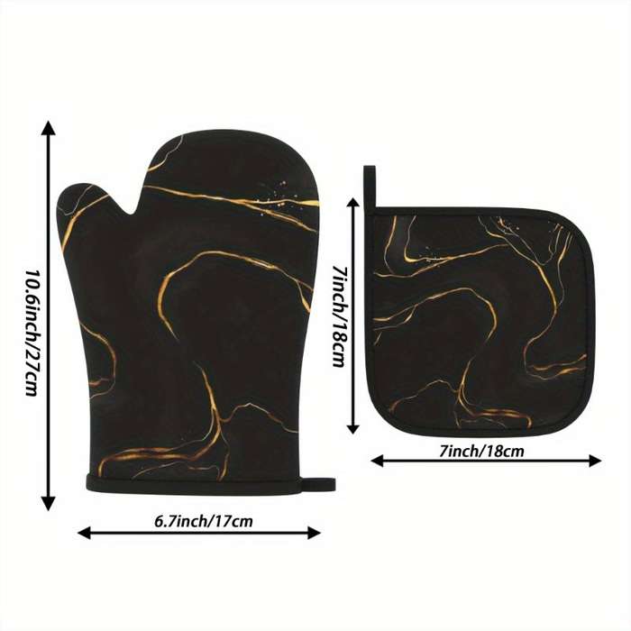 2pcs 26.92x17.02 cm Oven Mitts And Potholders Black Background Gold Line Texture Pattern Friend
