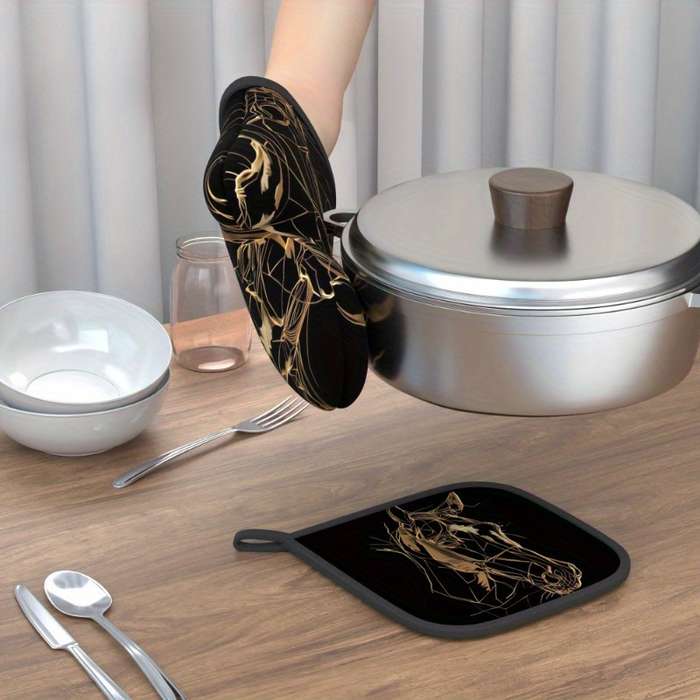 2pcs Golden Horse Sketch Oven Mitts Potholders Heat Resistant Non-Slip Kitchen Gloves for