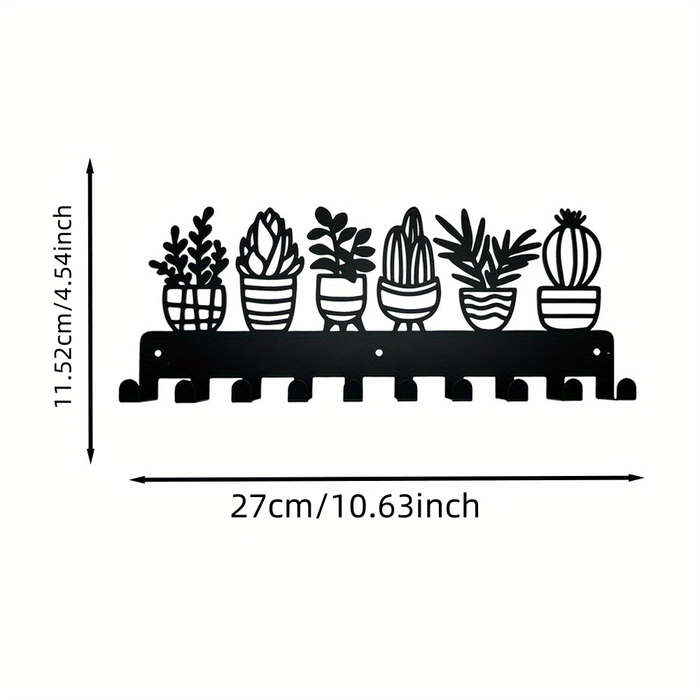 Contemporary Metal Key Holder with 10 Hooks Wall Mounted Keychain Organizer Succulent Plant Design