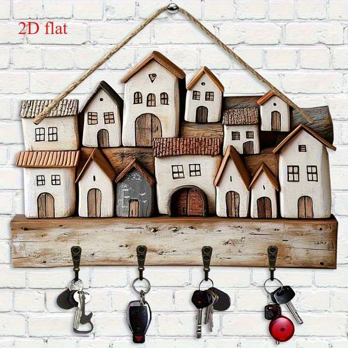 1pc Warm Small Village Wooden Key Rack Wall Decoration-29.97 cmX 22.86cm Rustic Bohemian Style with