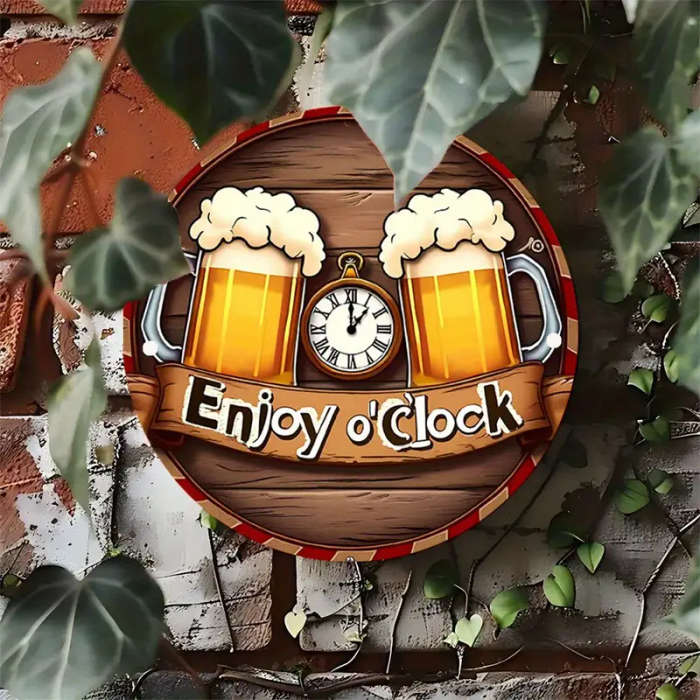 1pc Rustic Enjoy o'Clock Beer Mugs Wall Clock Round Aluminum Sign Festive Hanging Decor for Home Pat