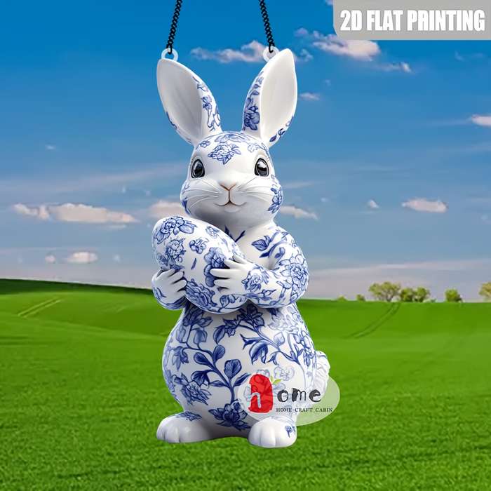 1pc 2D Flat   Blue and White Porcelain Rabbit Acrylic Pendant- Classic Style Decorativ Perfect