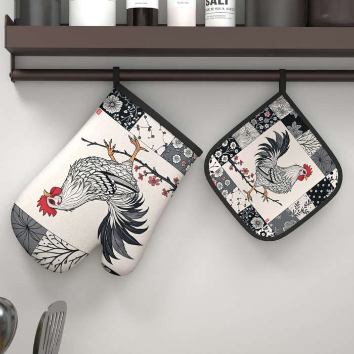2pcs Rooster Plum Blossom Heat-Resistant Oven Mitts Floral Chinese Design 26.92x17.02 cm