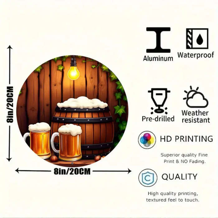 1pc 8Inch Round Aluminum Sign with Beer Mugs and Wooden Barrel Design Ideal for Kitchen Garden Offic