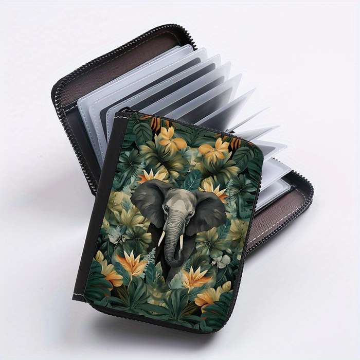 1pc Jungle Elephant Print Clutch Bag Casual Zipper Card Holder with 24 Card Slots Multi-card