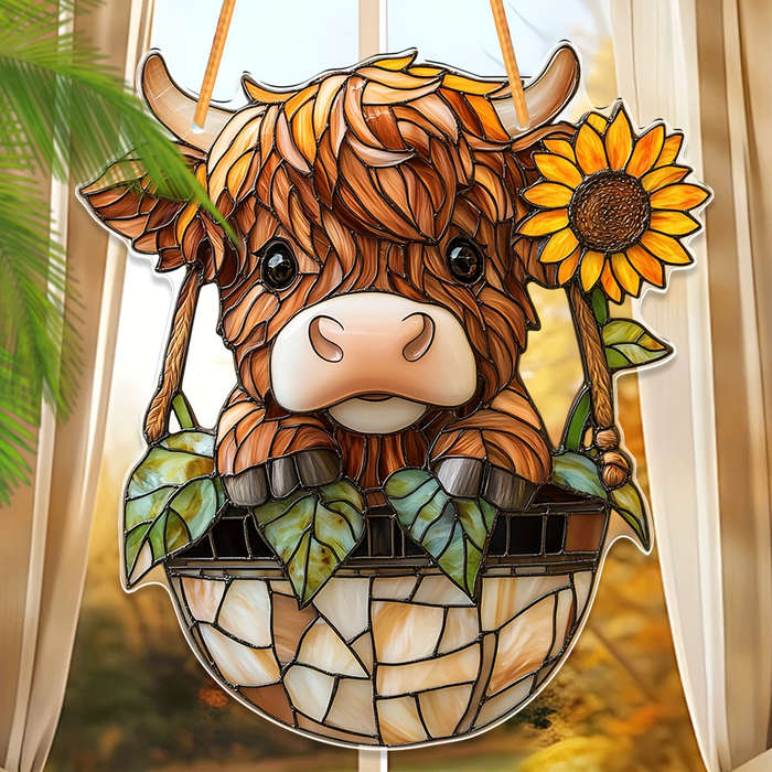 1pc 2D Flat  Highland Cow Acrylic Wall Pediment  Print Farmhouse Window Catchlight 7.1"x8" Ind