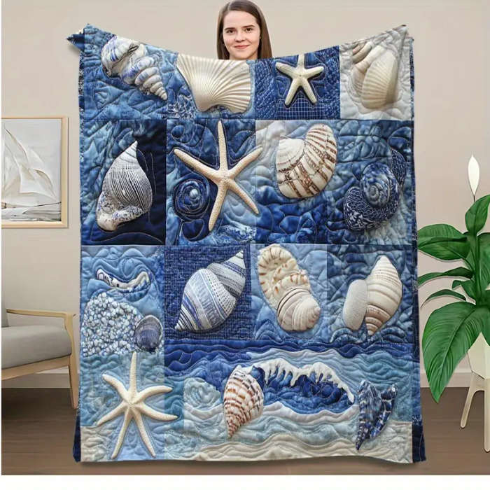 1 x Creative Shell Starfish Snail Plaid Print Flannel Blanket 150*200cm