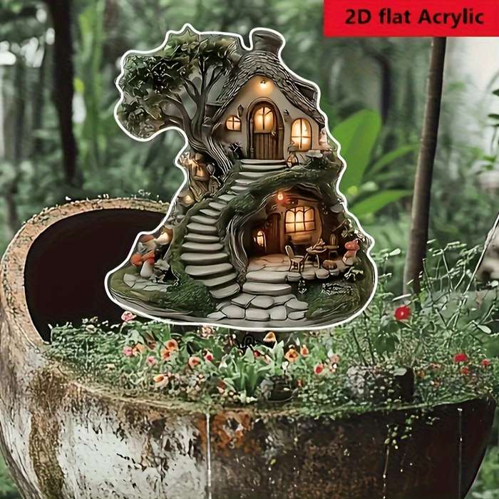 1pc 2D Flat  Glimm-Style Crystal Fairy Tree House Garden Plate Enchanting Lawn Ornament with Ston