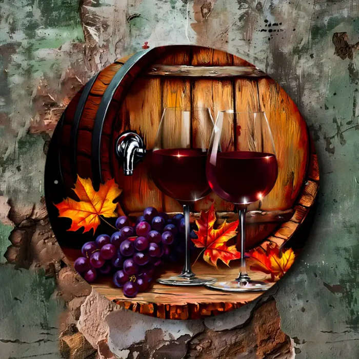 1pc Grapes and Red Wine Theme Decorative Painting Theme Round Aluminum Sign Wall Art Diameter 18.46c