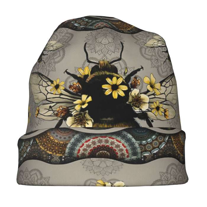 1pc Fashionable Men'S Novelty Bee and Floral Print Skull Cap Polyester Knit Beanie with Elast
