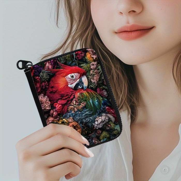 1pc Tropical Parrot Print Womens Wallet Vibrant Floral Bird Design Multi-Card Slots Zipp