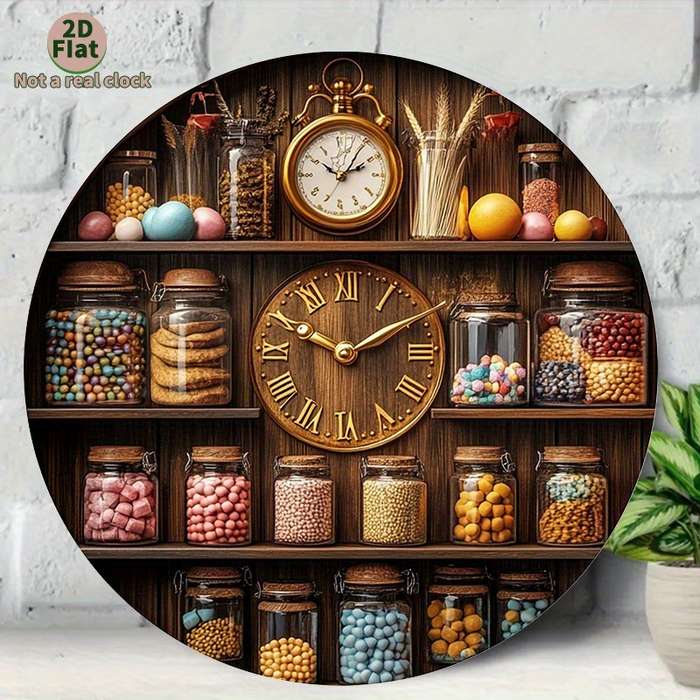 1pc 2D Flat Vintage Kitchen Wall Clock with Wooden Shelf Glass Jar Display 2D Flat Not real clock