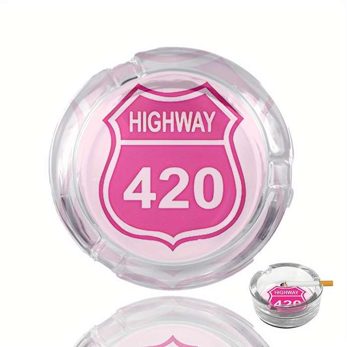 1pc Round Clear Glass Ashtray with Anti-Slip Base "Highway 10.67meter Pink Sign Design Modern De