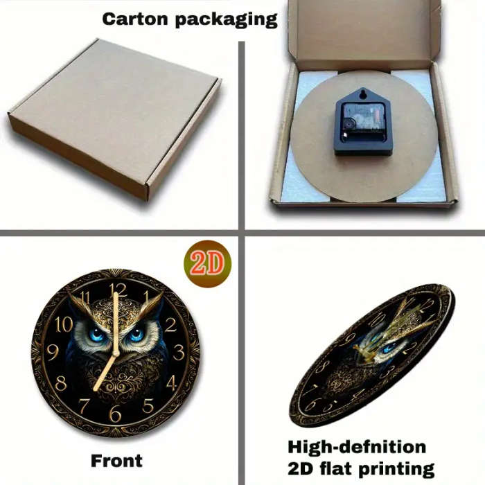 1pc Round Silent Wooden Wall Clock 2D Flat Owl Design Manufactured Wood Dry Battery Power AA Battery