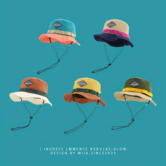 1pc Vibrant Color-Block Wide Brim Bucket Hat Lightweight Quick-Dry Breathable 100% Polyeste