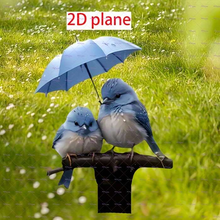 1pc 2D Bird Garden Stake Decoration Charming Bluebirds Under Umbrella Design Artistic Outdoor Lawn Y