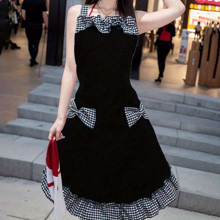 1pc Elegant Black and White Bow Apron Stain-Resistant Adjustable Straps Polyester Perfect for