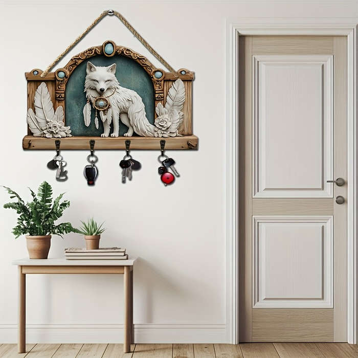 1pc 2D Flat Wolf and Dream Catcher Simple Colorful Wooden and Household Key Hook with Four Metal