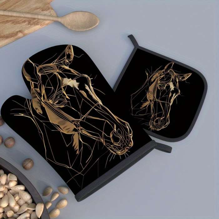 2pcs Golden Horse Sketch Oven Mitts Potholders Heat Resistant Non-Slip Kitchen Gloves for