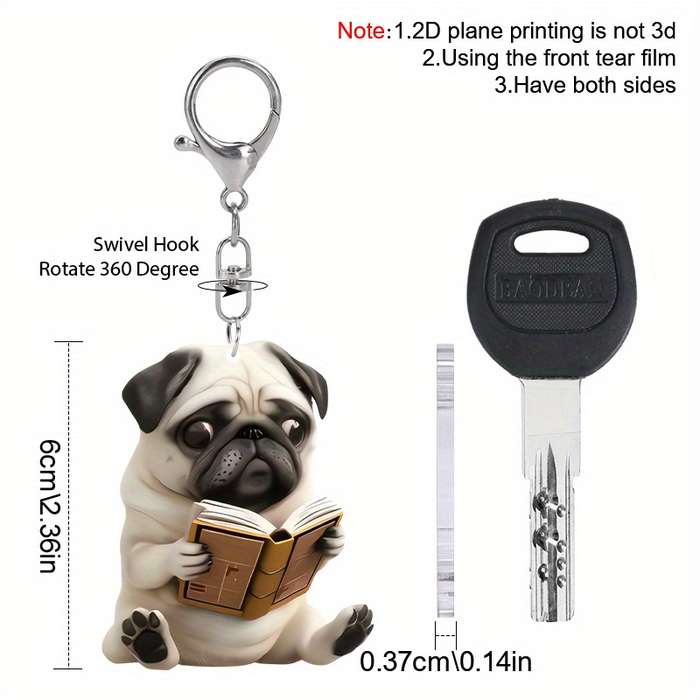 1pc 2D Flat  Acrylic Valentines Pug Dog Keychain Charm Keychain for Handbags Tote Bag Purse Charms C