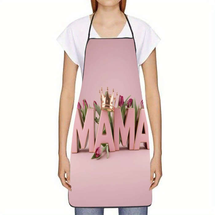 1pc Mother's Day MAMA Crown Tulip Print Sleeveless Polyester Apron Lightweight Durable and