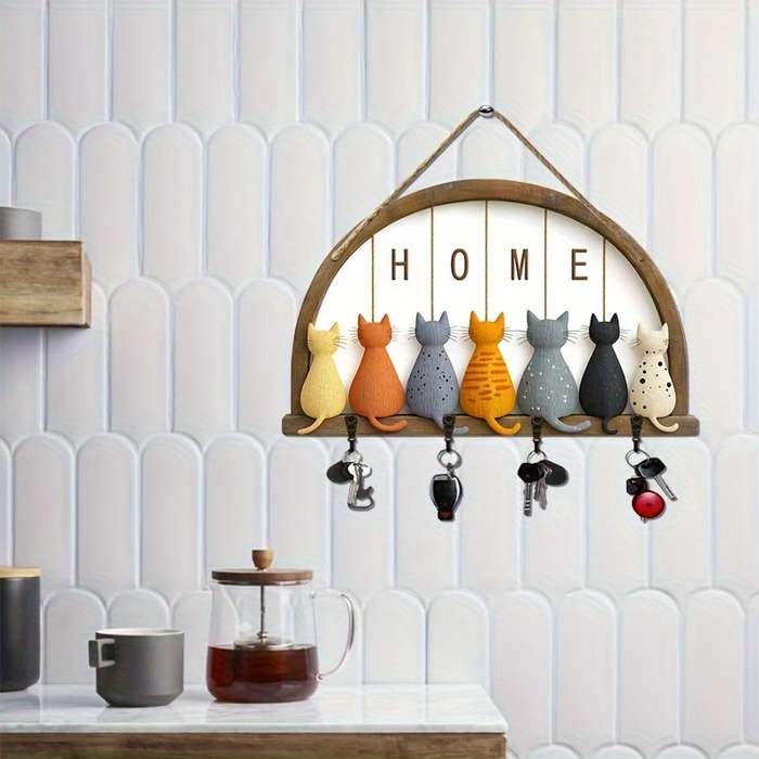 1pc Retro Simple Wooden Home Key Hanger 30.0cm X 24.99cm 2D Flat Wall Decoration with 4 Metal Ho