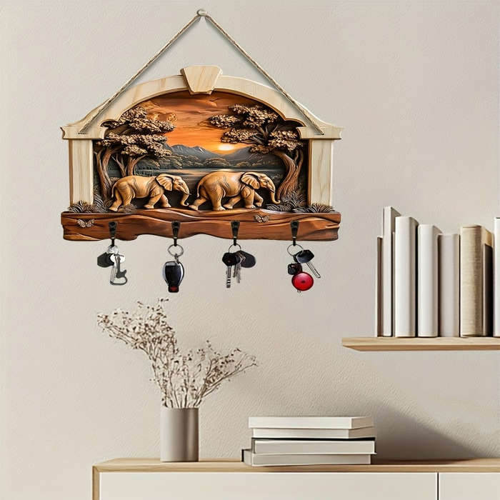 2D Flat 2Dflat1pcs Walking Elephant Simple Colorful Wooden and Home Key Holder with Four Metal Ho