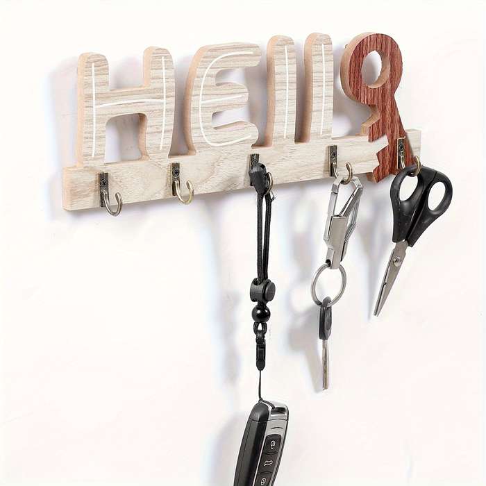 Handcrafted Rustic Wooden Key Holder with "Hello"  "Welcome" DesignWall-Mounted Natural Wood Fi