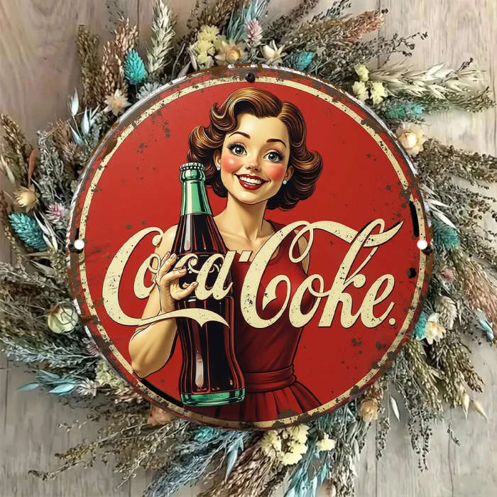 1pc 2d flat Retro Beverage Advertising Theme Aluminum Wall Sign 20.32x20.32 cm Round Metal Decorativ