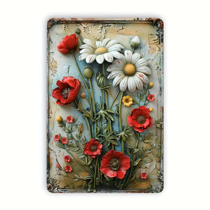1Pc Vintage Floral Iron Wall Art 30x20cm Retro Daisy Metal Plaque