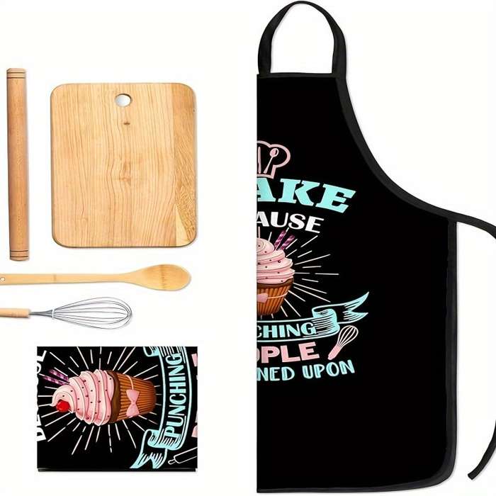 1pc Funny Baking Apron with "I Bake Because Punching People Is Frowned Upon" Slogan Cupcake