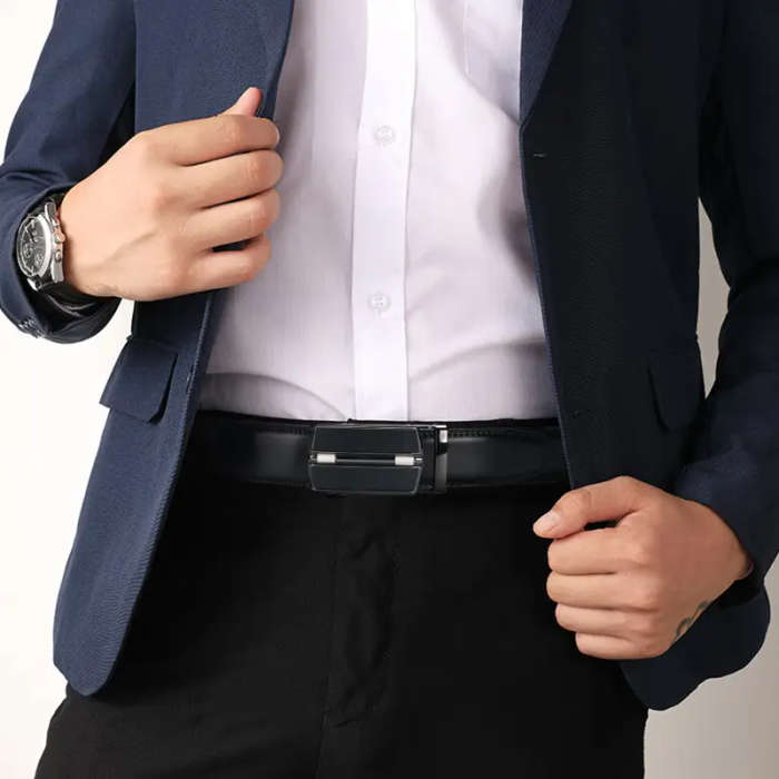 Men's Genuine Leather Ratchet Belt with Adjustable Automatic Buckle Black 120cm