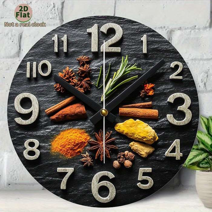 1pc 2D Flat Non-Real Clock Modern Spice-Themed Wall Clock with Black Glossy Stone Design Aluminum