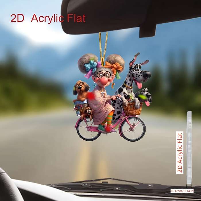 1pc 2D Flat    Acrylic Charming Grandma Riding Bicycle with Dogs Rearview Mirror Decoration P