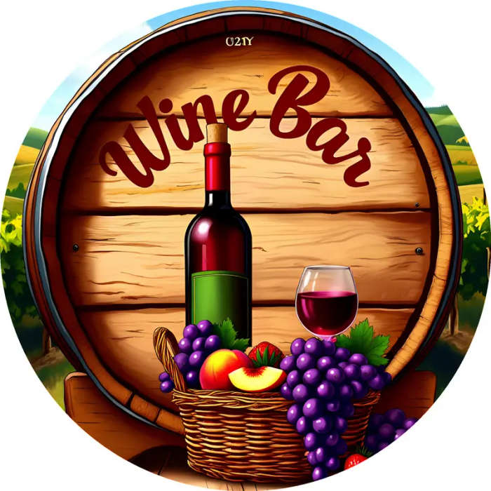 1pc Bottle of Wine And a Basket of Fruit in Front of a Wreath Sign 8-Inch Round Aluminum Sign Perfec