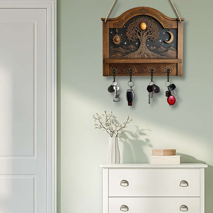 1pc Tree of Life Wall Art with Moon  Sun DesignTraditional Wooden Key Holder Organizer 30.0cm x