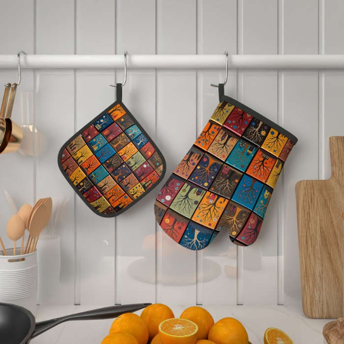 2pcs Colorful Tree Art Heat Resistant Oven Mitts and Pot Holders 26.92x17.02 cm Vibrant Patc