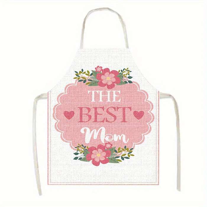 1pc Mother'S Day Apron Polyester Woven Adjustable Neck Floral The Best Mom Design Perfec
