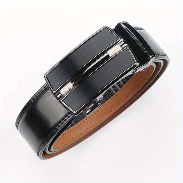 Men's Genuine Leather Ratchet Belt with Adjustable Automatic Buckle Black 120cm