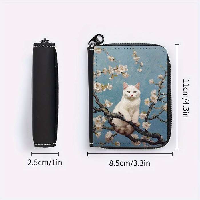 1pc Street Style Faux Leather Wallet with Geometric Cat on Tree Print Lightweight Unlined Zip