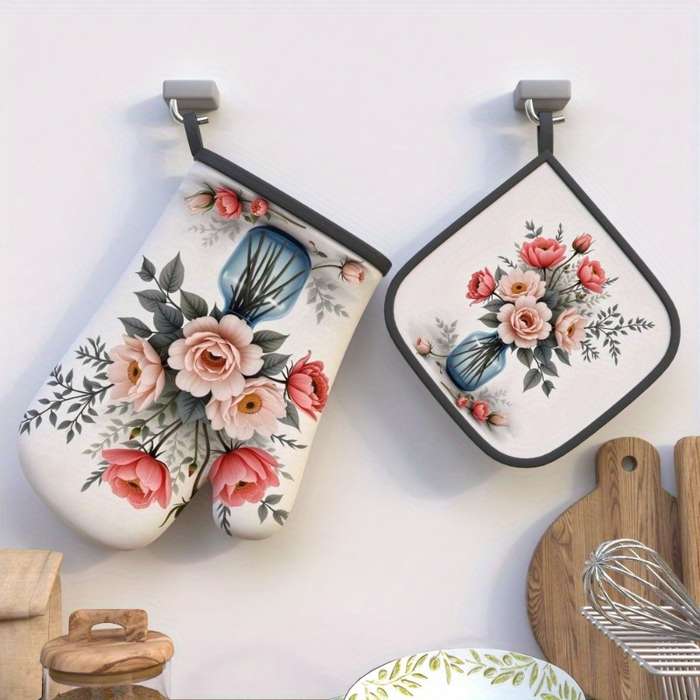 2pcs 26.92x17.02 cm Heat Resistant Oven Mitts And Potholders Flower Painting Beautiful flowers