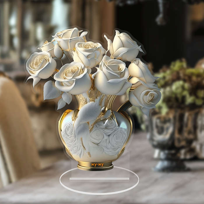 1pc 2D Flat  A  Acrylic White Rose Tabletop Decoration Measuring 18.01 cm by 16.69 cm a Versa