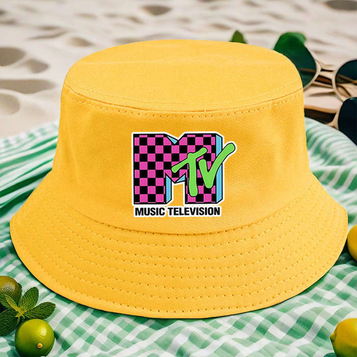 1pc MTV Logo Print Bucket Hat Vibrant Yellow Lightweight Polyester Machine Washable Ideal for