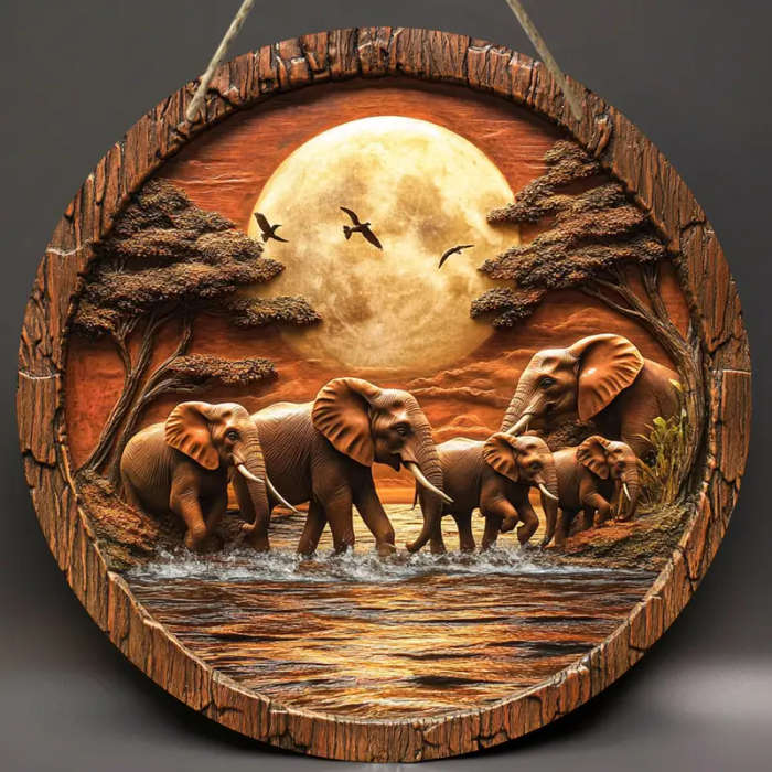 1pc Vintage Elephant Family Wooden Wall Art 20.32x20.32cm Round Decorative Sign with 2D Flat Print A