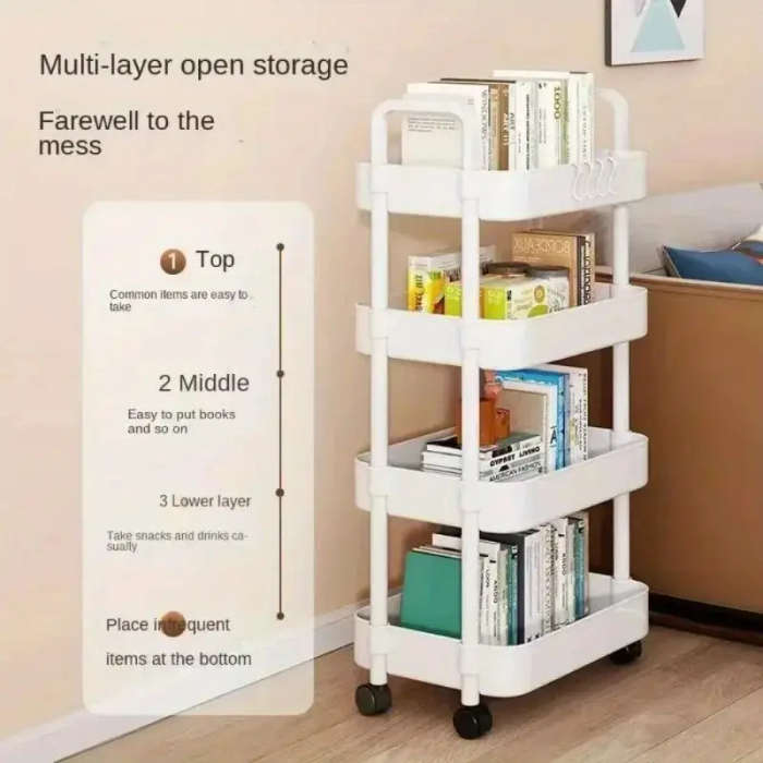4-Tier Rolling Storage Cart with Wheels - No Assembly Required, Durable Plastic & Metal Frame, Space