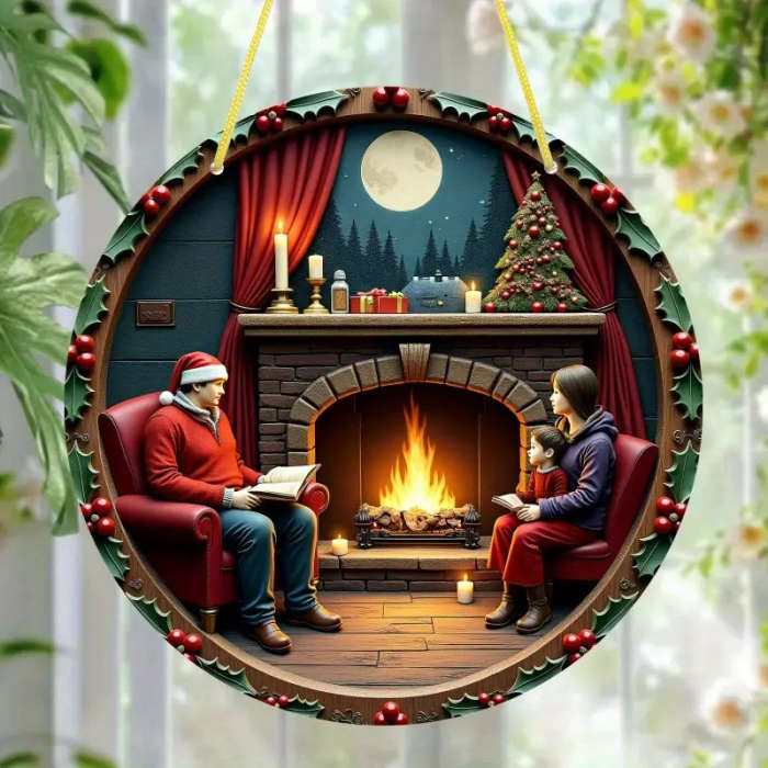 1pc Cozy Warmth Cozy Fireplace Scene Wooden Wall Art 20.32x20.32 cm Romantic Decor Featuring Family