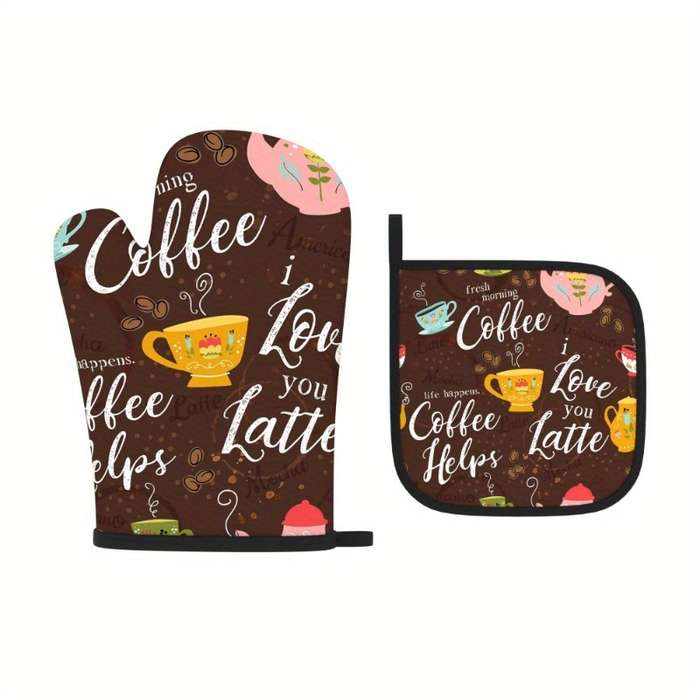 2pcs Vintage Coffee Pastry Design Oven Mitts and Pot Holders 26.92x17.02 cm Heat Resistant